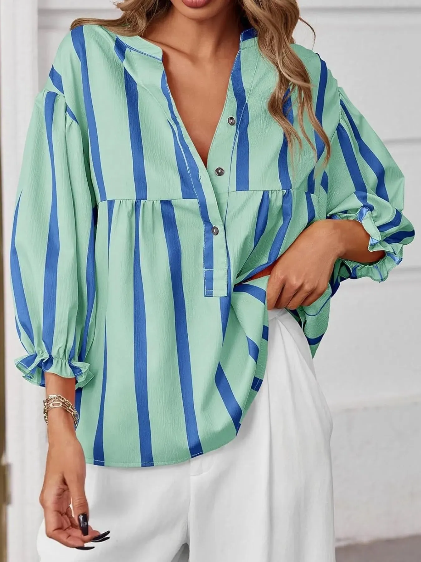 Striped Button Front Notched Blouse sold by Charming Charlie product image thumbnail 2