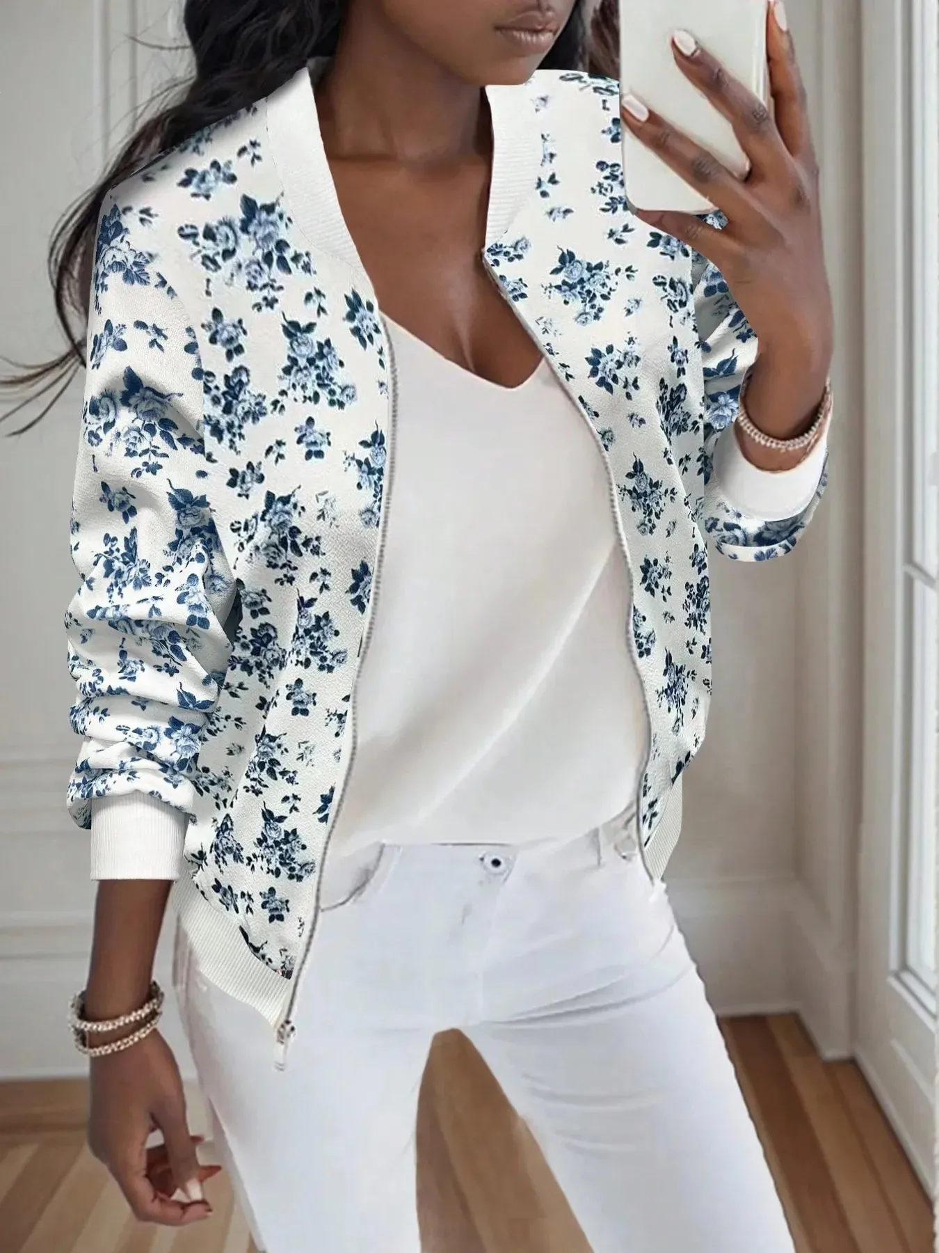Printed Zip Up Long Sleeve Jacket sold by Charming Charlie