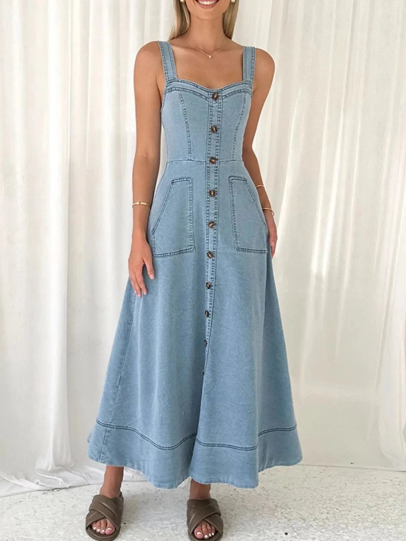 Wide Strap Sweetheart Neck Denim Dress sold by Charming Charlie product image thumbnail 2