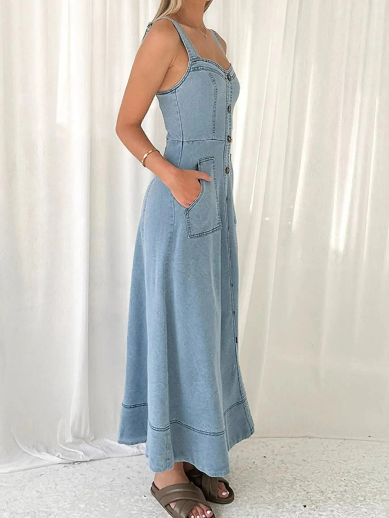 Wide Strap Sweetheart Neck Denim Dress sold by Charming Charlie product image thumbnail 5