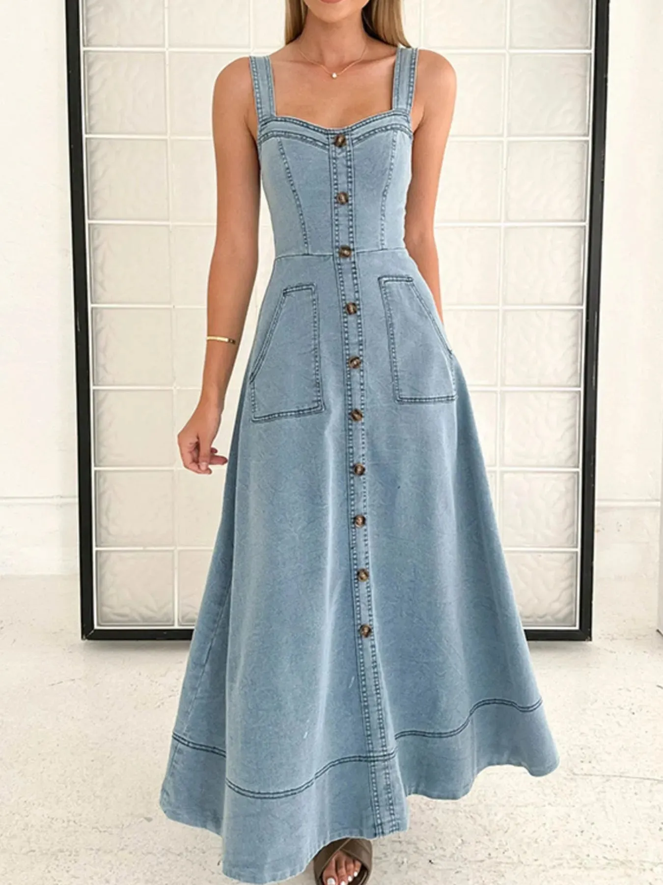 Wide Strap Sweetheart Neck Denim Dress sold by Charming Charlie