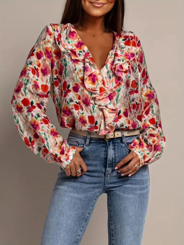 Floral Print Ruffle V-Neck Long Sleeve Blouse sold by Charming Charlie