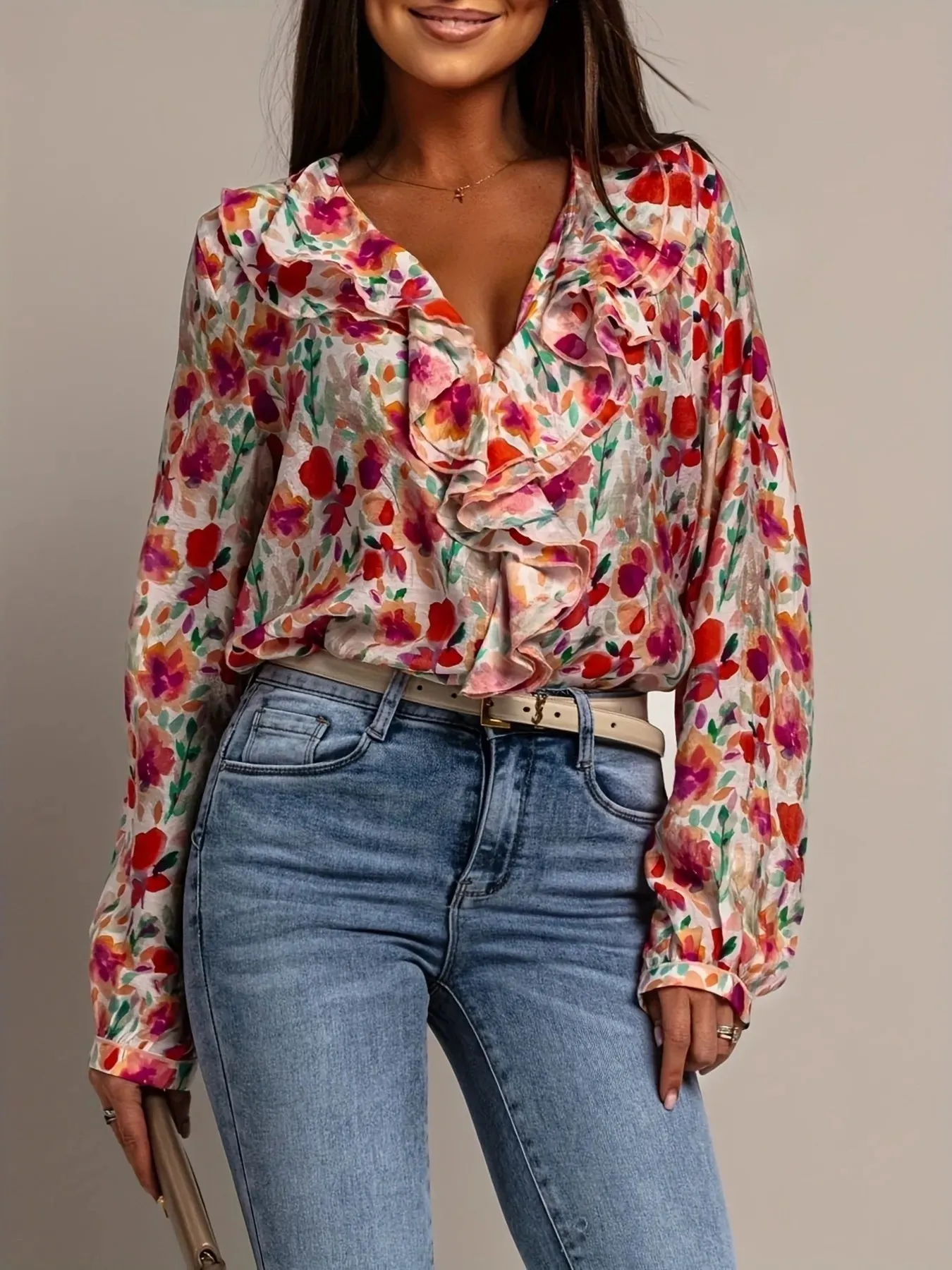 Floral Print Ruffle V-Neck Long Sleeve Blouse sold by Charming Charlie product image thumbnail 3