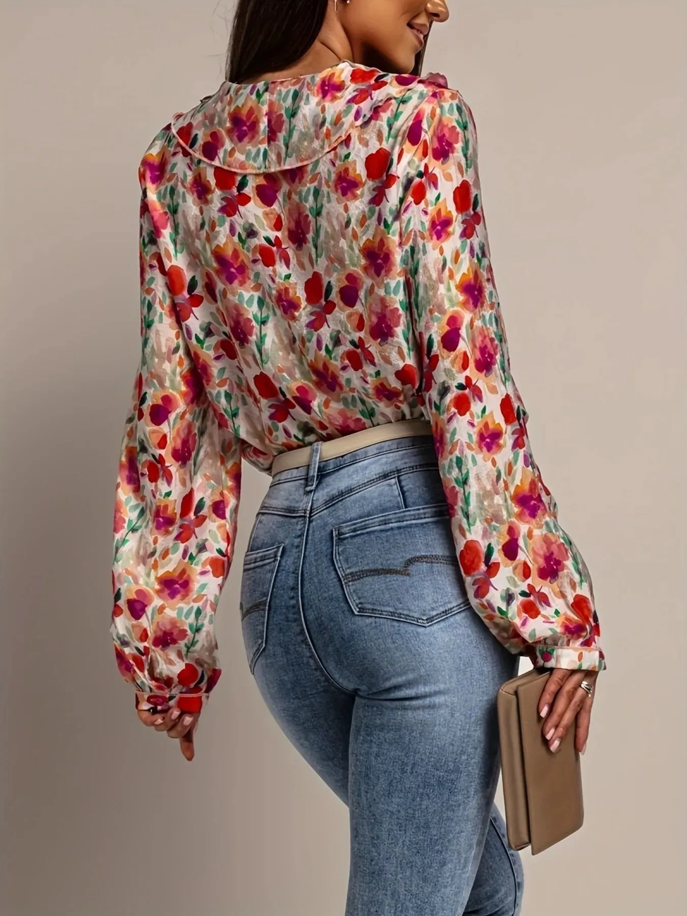 Floral Print Ruffle V-Neck Long Sleeve Blouse sold by Charming Charlie product image thumbnail 2