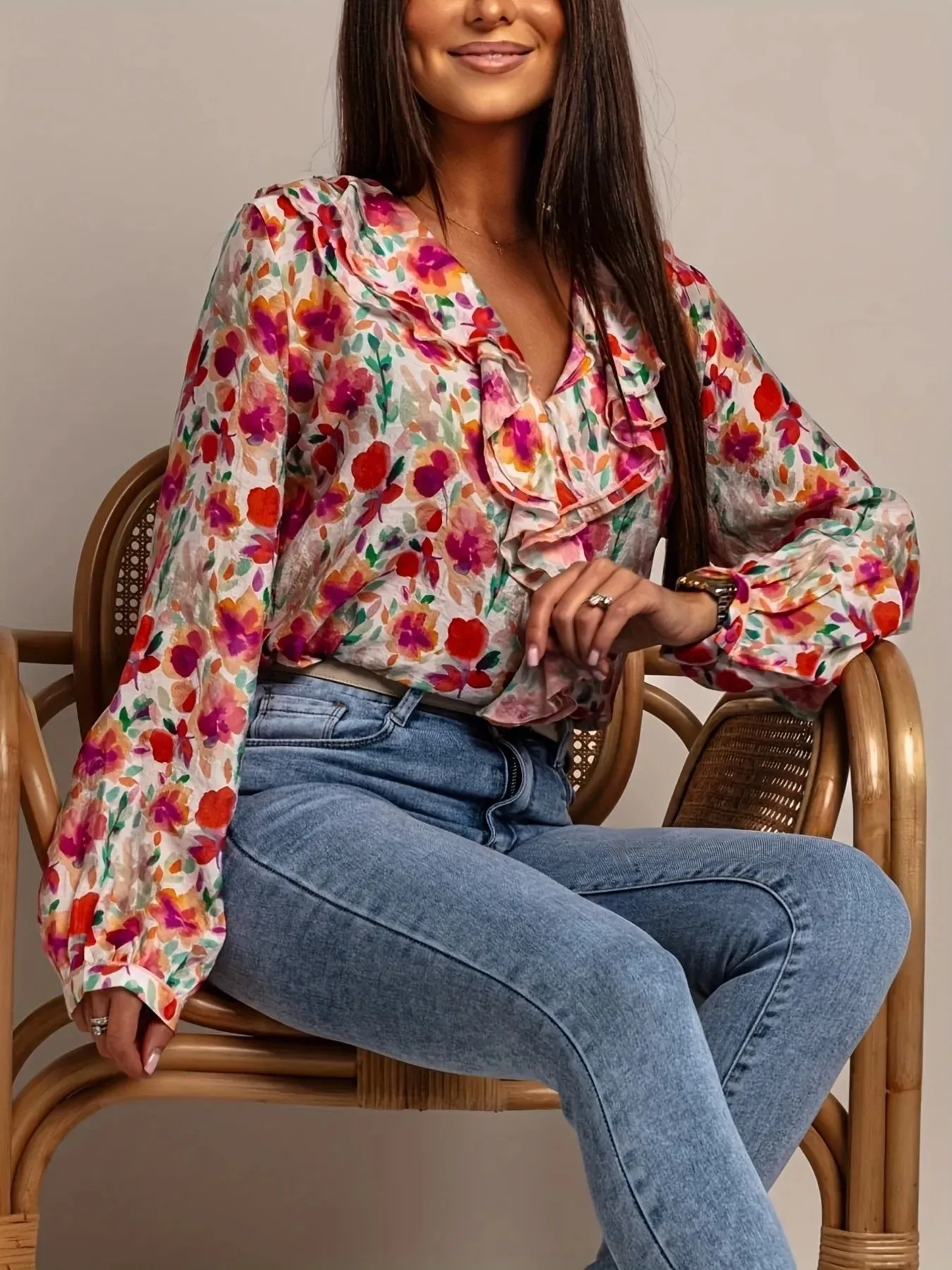 Floral Print Ruffle V-Neck Long Sleeve Blouse sold by Charming Charlie product image thumbnail 4