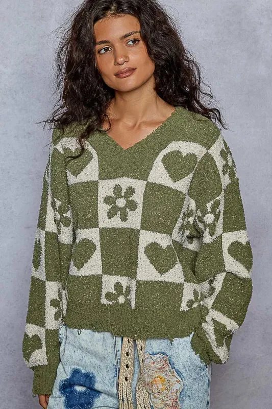 POL V-Neck Heart Pattern Checkered Sweater sold by Charming Charlie