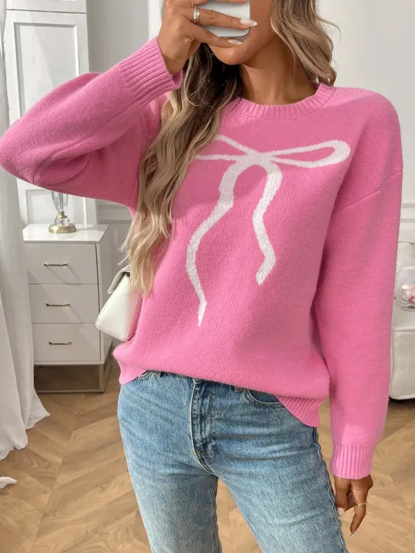 Bow Graphic Ribbed Hem Round Neck Sweater sold by Charming Charlie