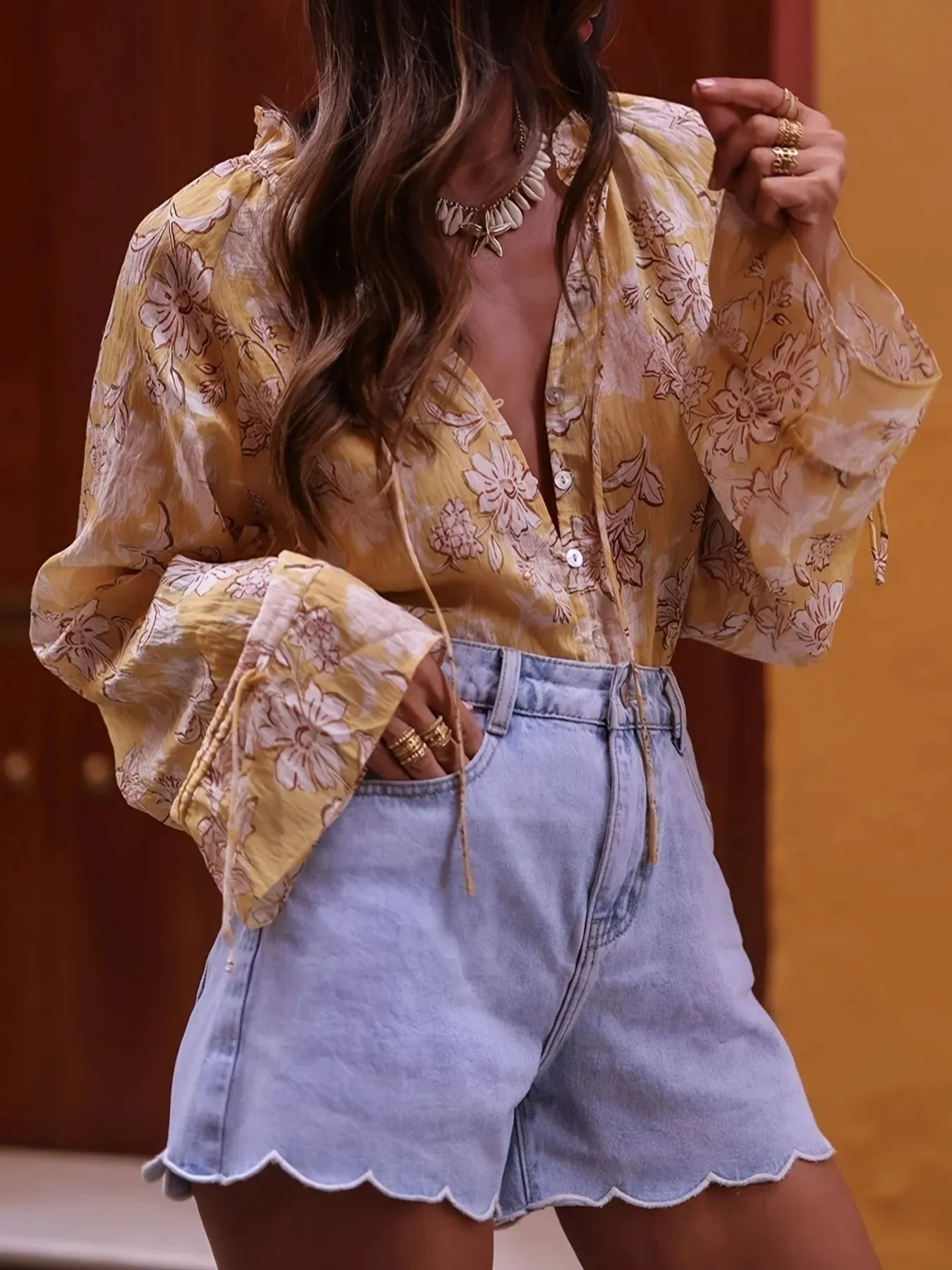 Printed Tie Neck Flounce Sleeve Blouse sold by Charming Charlie product image thumbnail 3