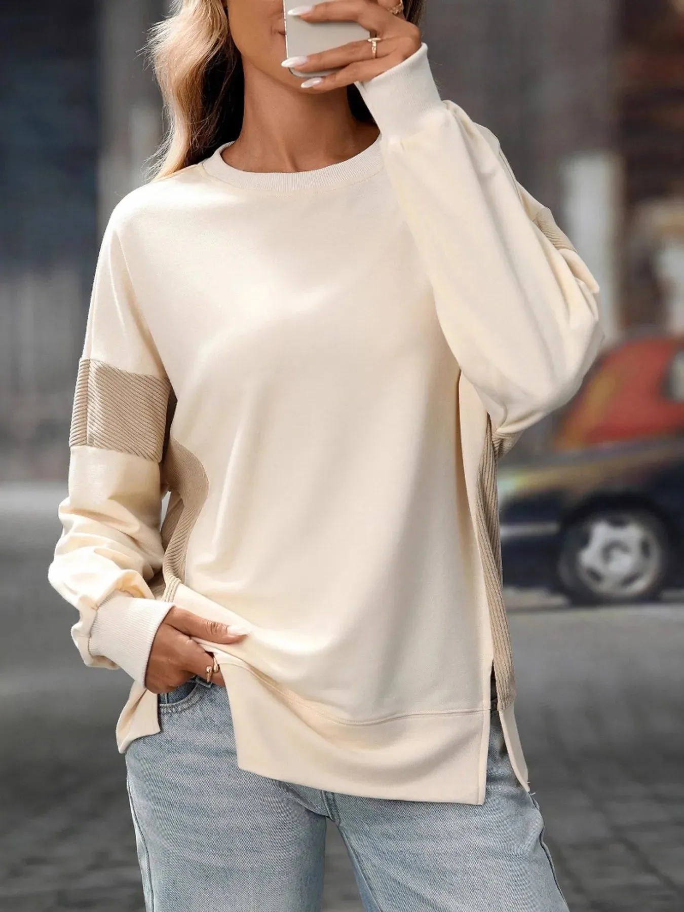 Slit Round Neck Long Sleeve Sweatshirt sold by Charming Charlie product image thumbnail 2