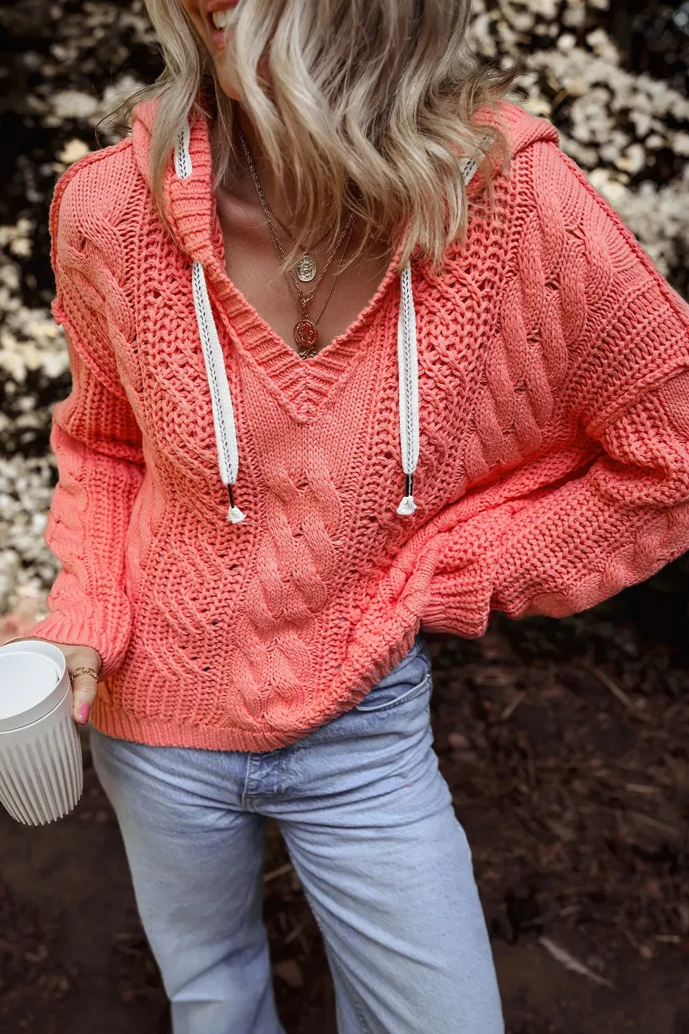 Drawstring Cable-Knit Hooded Sweater sold by Charming Charlie product image thumbnail 3