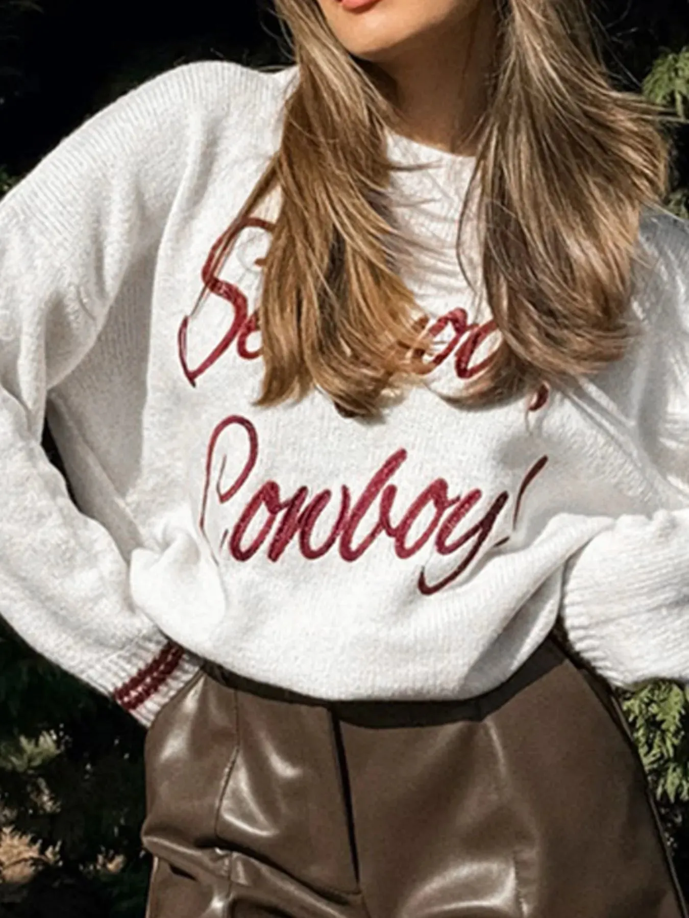 Letter Contrast Hem Round Neck Sweater sold by Charming Charlie