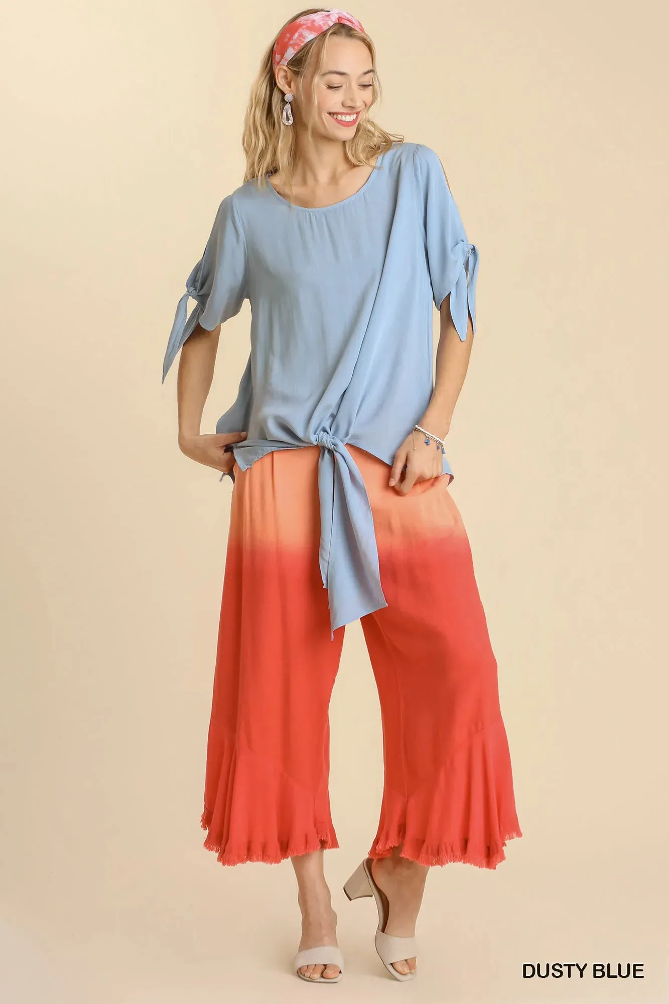 Umgee Cold Shoulder Short Sleeve Round Neck Top with Side Slits and Tie-able Knot Details sold by Charming Charlie product image thumbnail 4