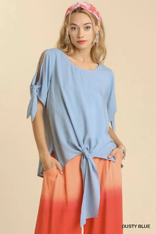 Umgee Cold Shoulder Short Sleeve Round Neck Top with Side Slits and Tie-able Knot Details sold by Charming Charlie