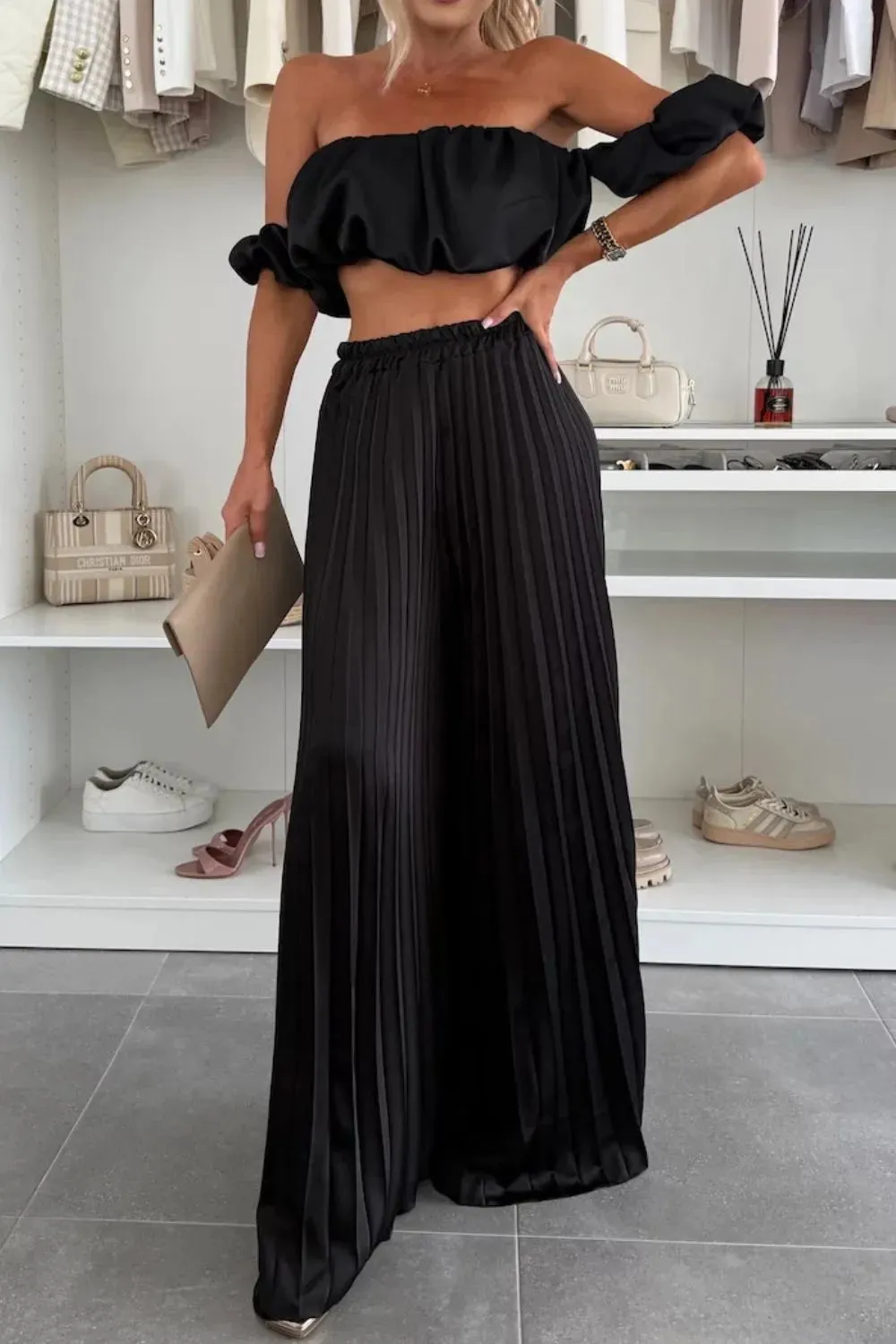 Off-Shoulder Top and Pleated Pants Set sold by Charming Charlie product image thumbnail 5