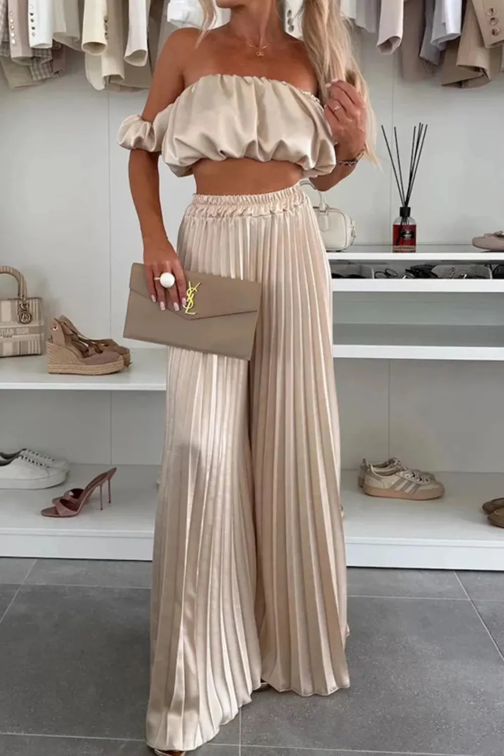 Off-Shoulder Top and Pleated Pants Set sold by Charming Charlie product image thumbnail 2