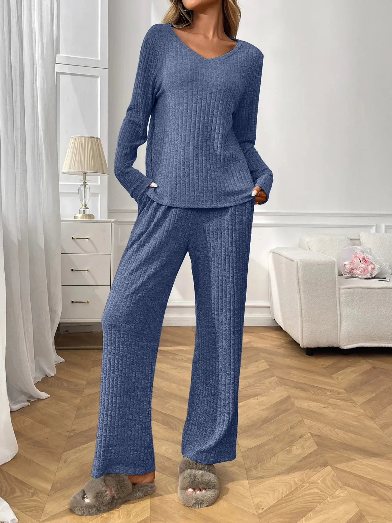 Ribbed Long Sleeve Top and Pants Lounge Set sold by Charming Charlie