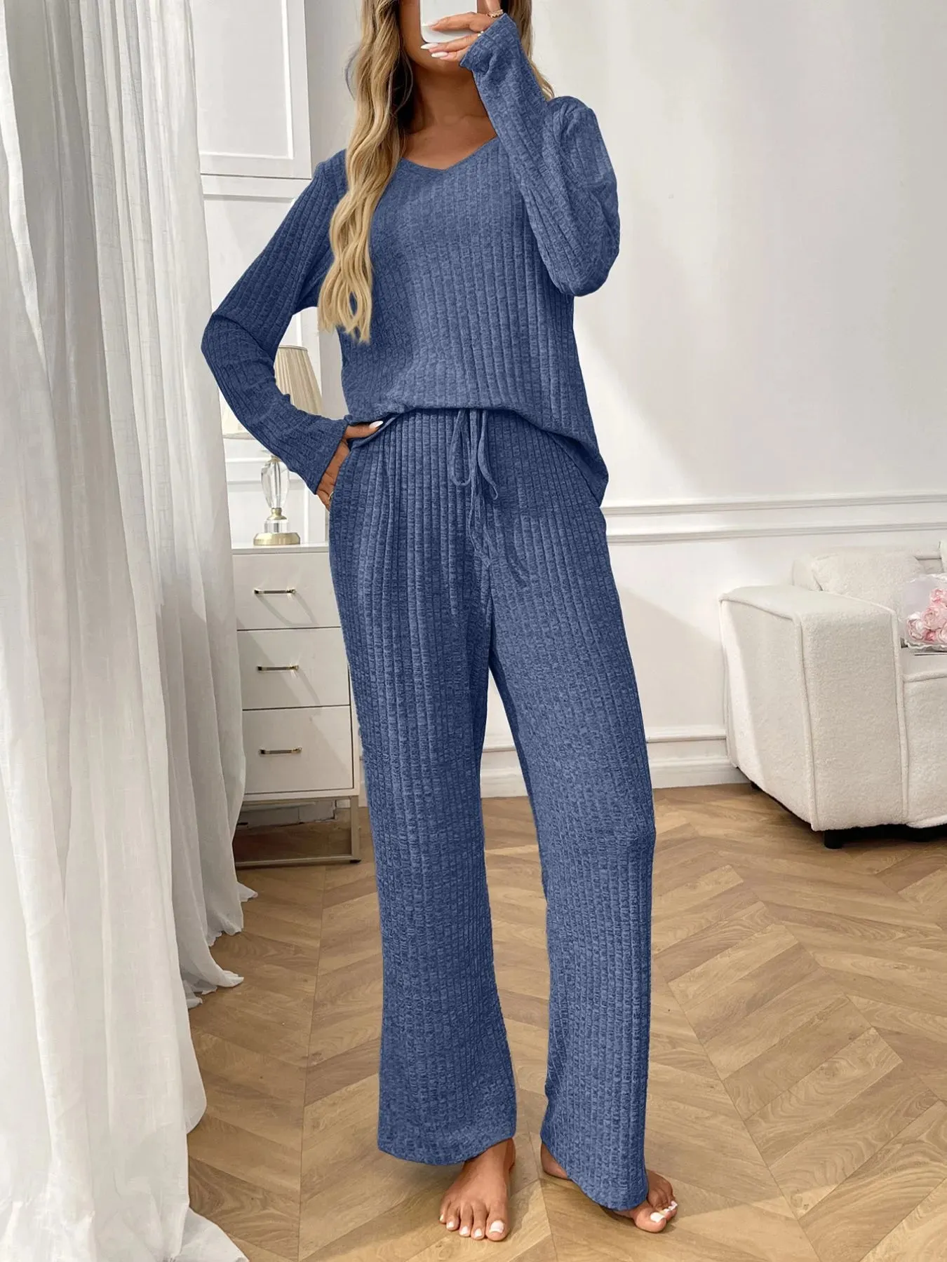 Ribbed Long Sleeve Top and Pants Lounge Set sold by Charming Charlie product image thumbnail 3