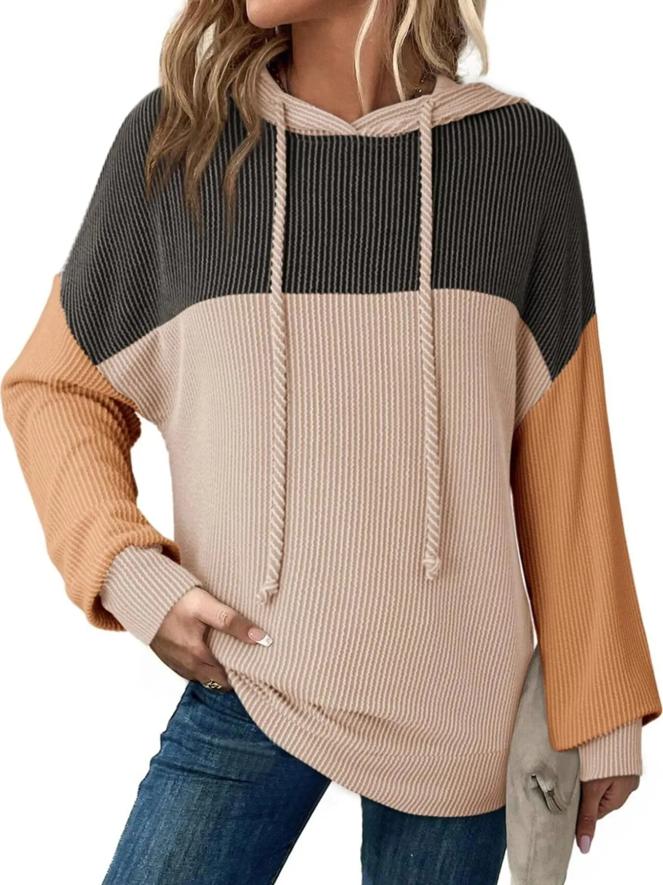 Drawstring Color Block Long Sleeve Hoodie sold by Charming Charlie