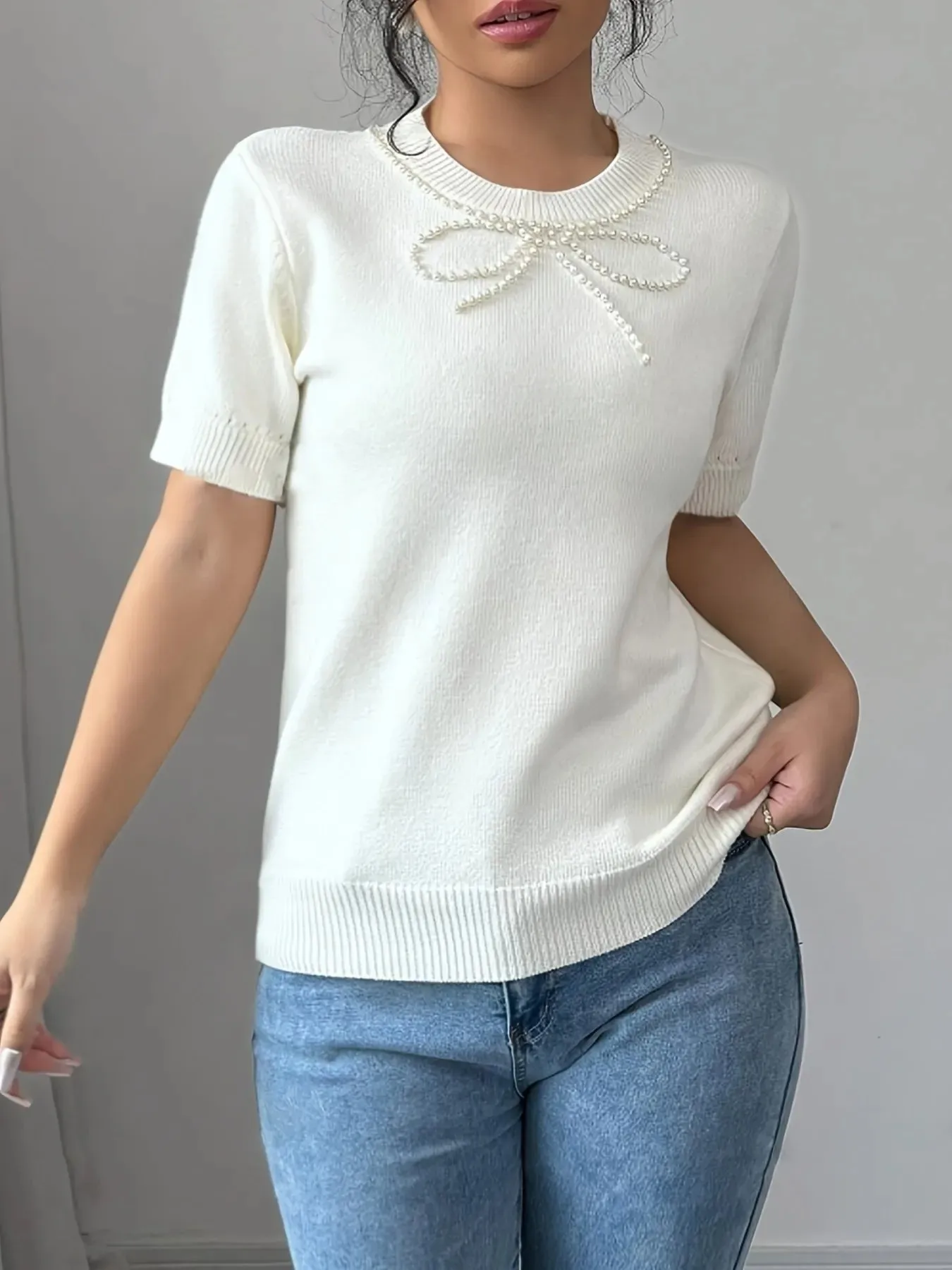 Pearl Bow Embellished Round Neck Sweater sold by Charming Charlie product image thumbnail 2