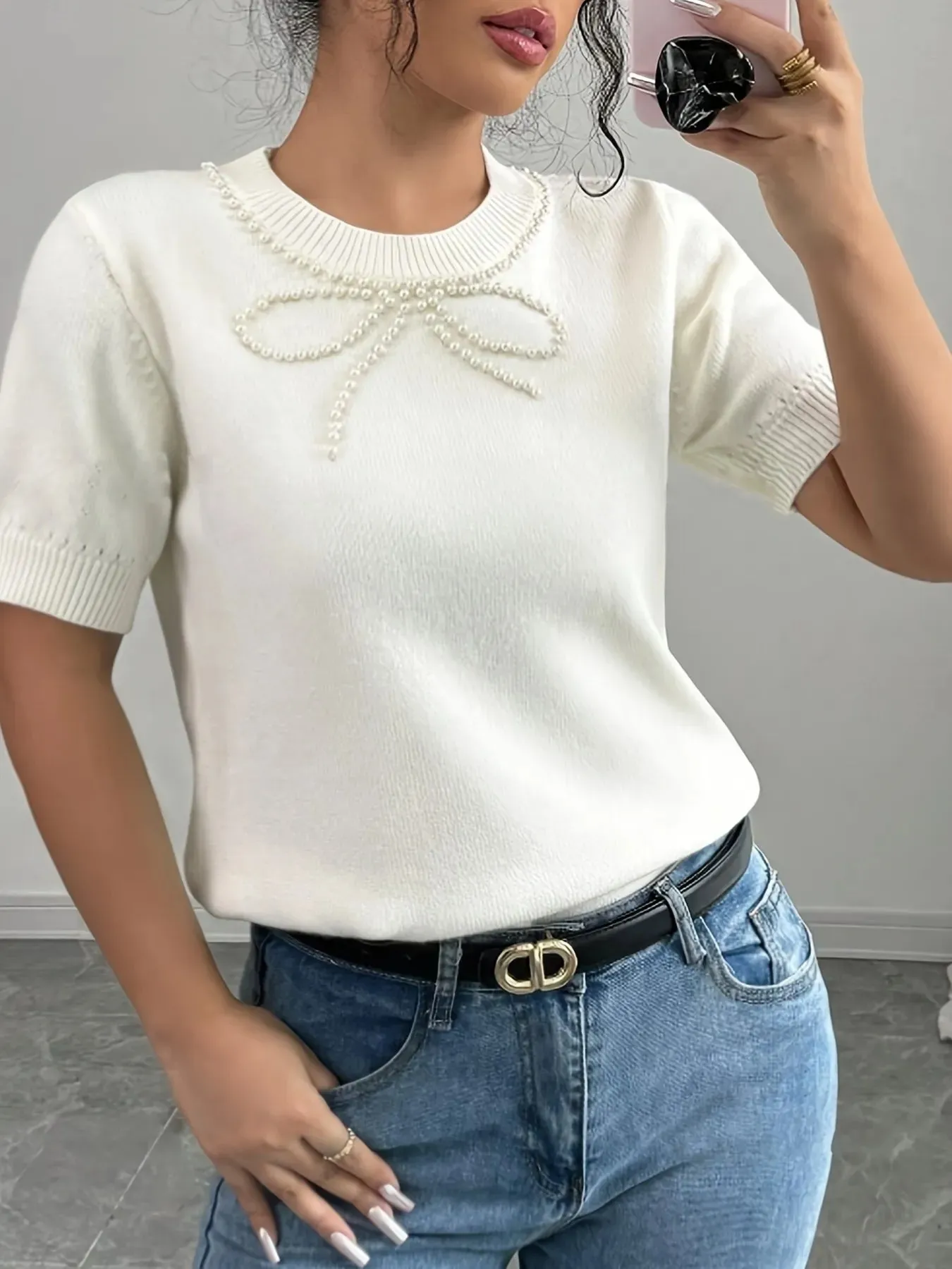 Pearl Bow Embellished Round Neck Sweater sold by Charming Charlie product image thumbnail 3