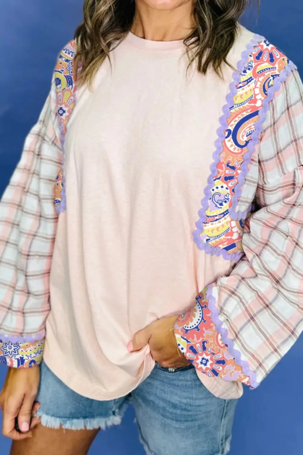 Paisley Print Plaid Long Sleeve Oversized Top sold by Charming Charlie