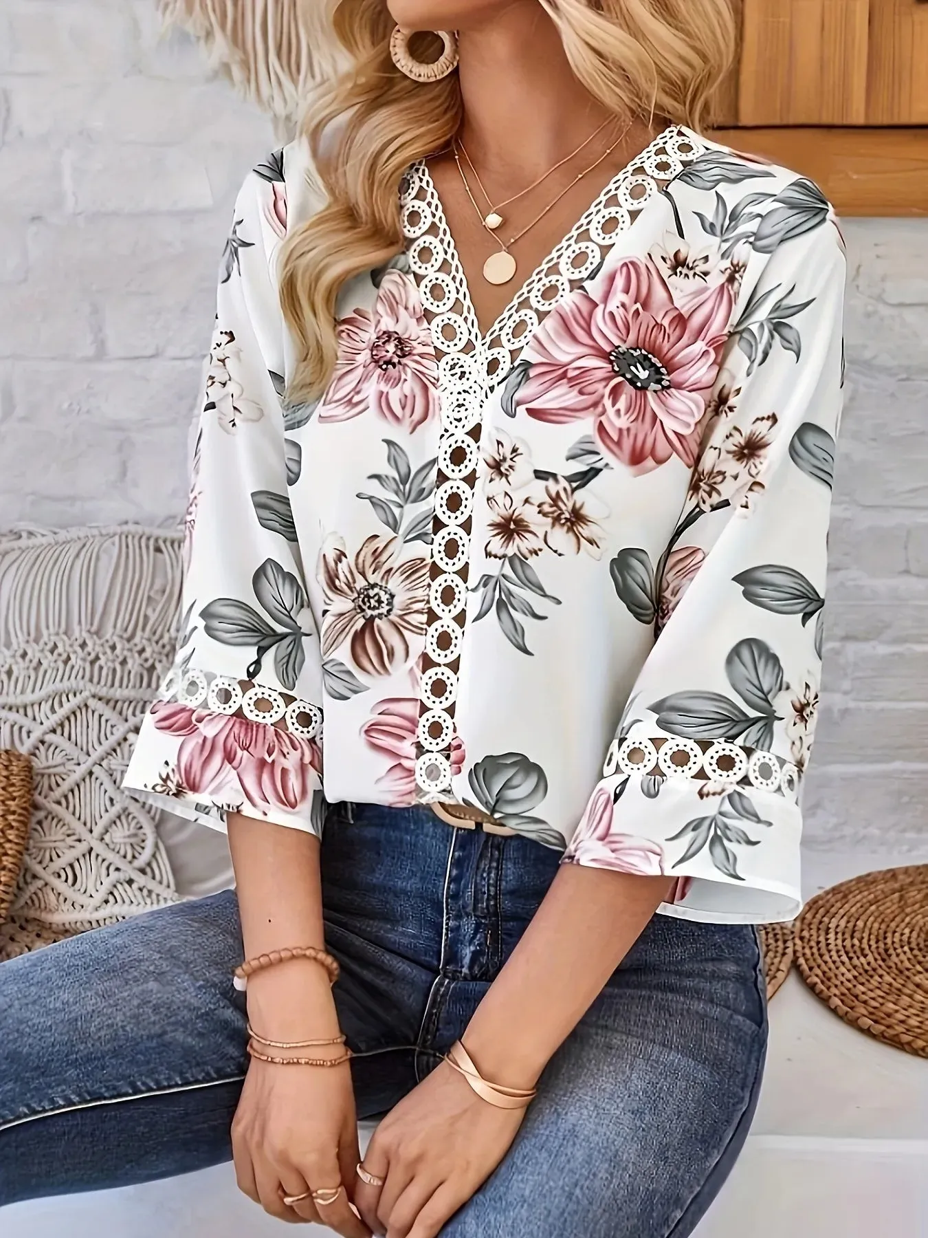 Floral Print V-Neck Blouse sold by Charming Charlie product image thumbnail 3
