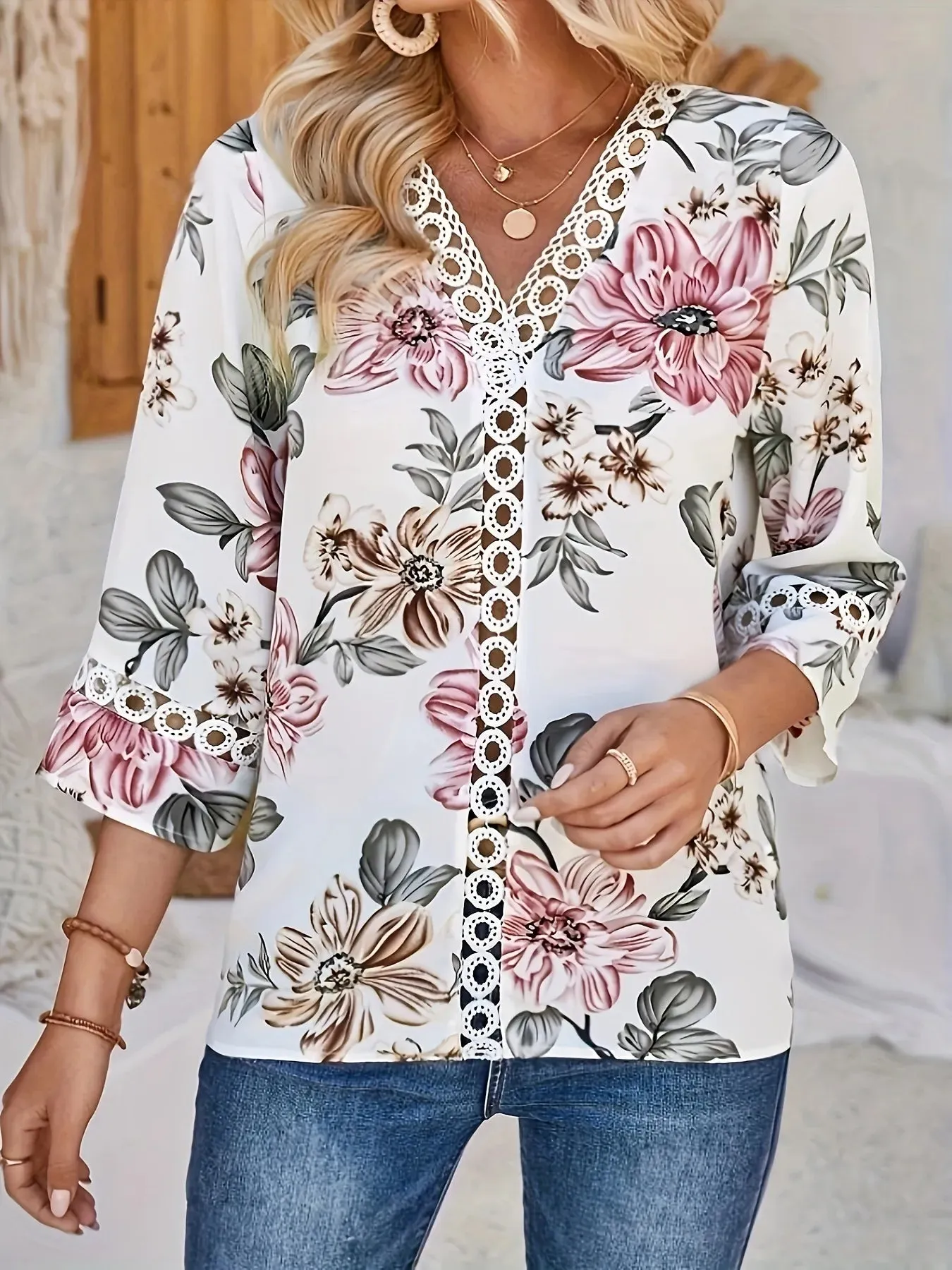 Floral Print V-Neck Blouse sold by Charming Charlie product image thumbnail 4