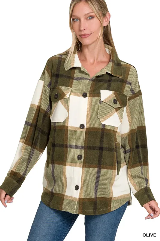 Zenana Oversized Plaid Fleece Shacket sold by Charming Charlie