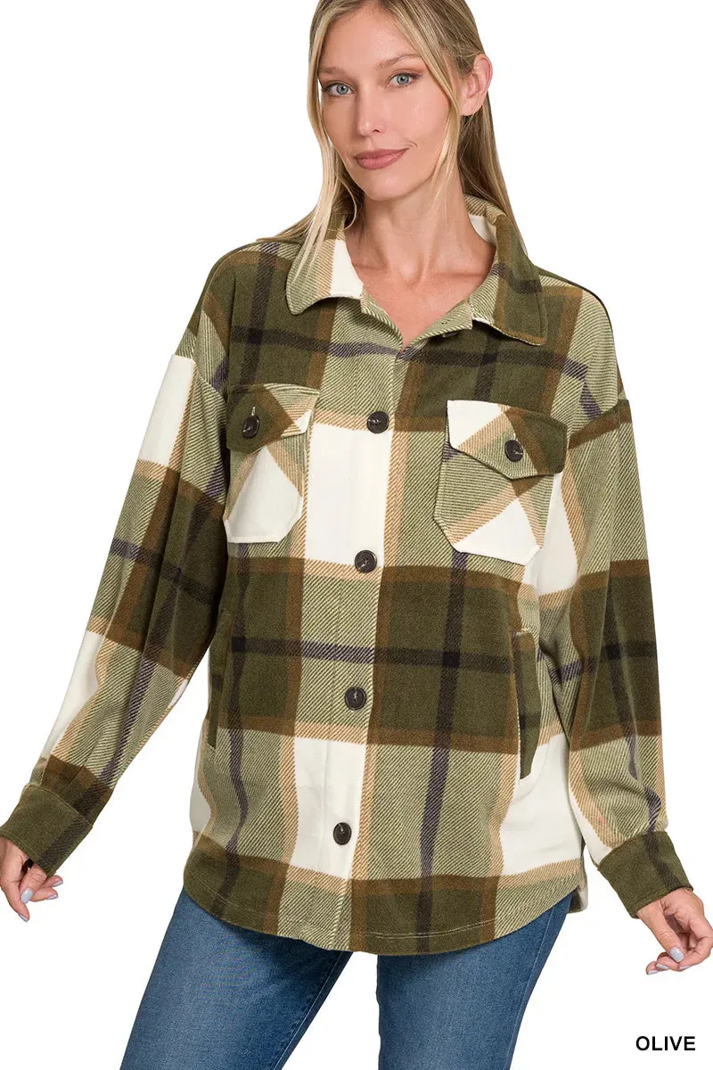 Zenana Oversized Plaid Fleece Shacket sold by Charming Charlie
