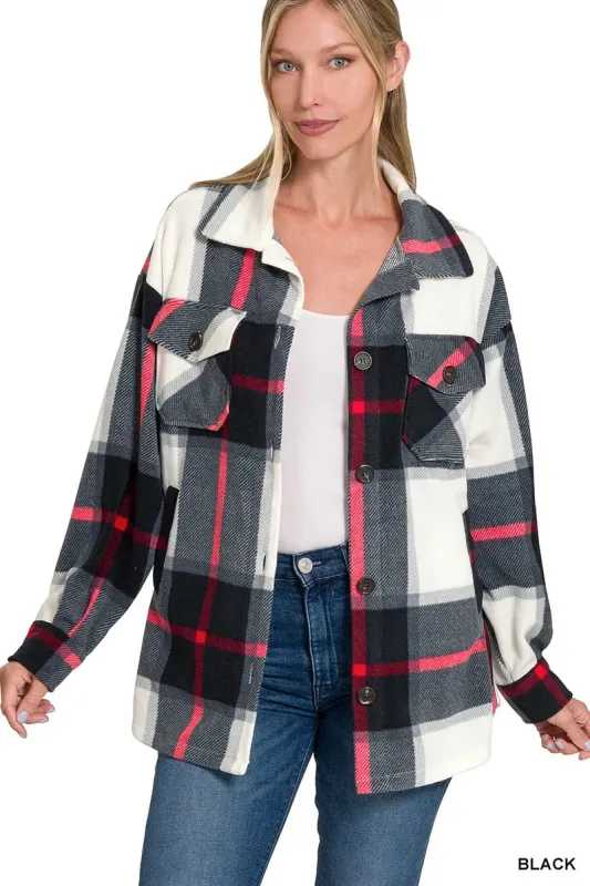 Zenana Oversized Plaid Fleece Shacket sold by Charming Charlie