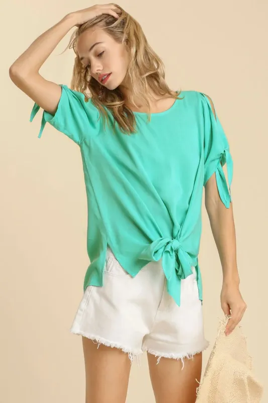 Umgee Cold Shoulder Short Sleeve Round Neck Top with Side Slits and Tie-able Knot Details sold by Charming Charlie