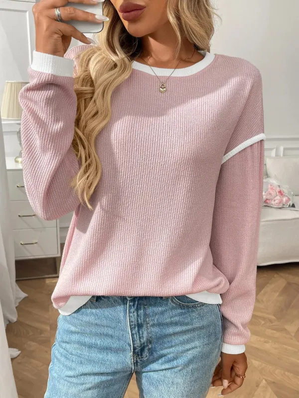 Ribbed Contrast Trim Long Sleeve Top sold by Charming Charlie