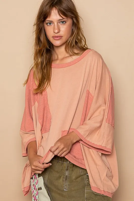 POL Frayed Edge Patchwork Oversized T-Shirt sold by Charming Charlie