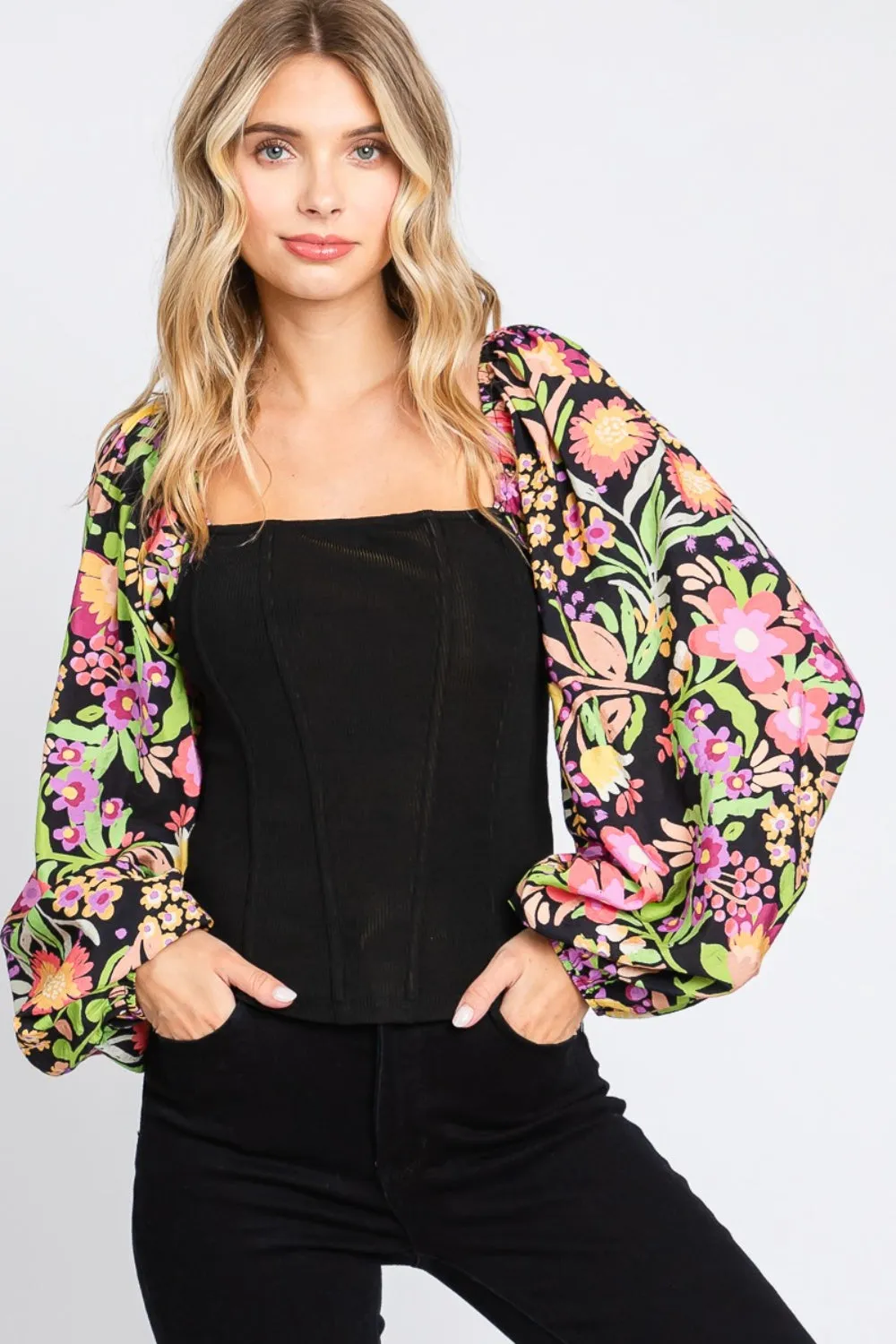 ODDI Full Size Floral Balloon Sleeve Blouse sold by Charming Charlie