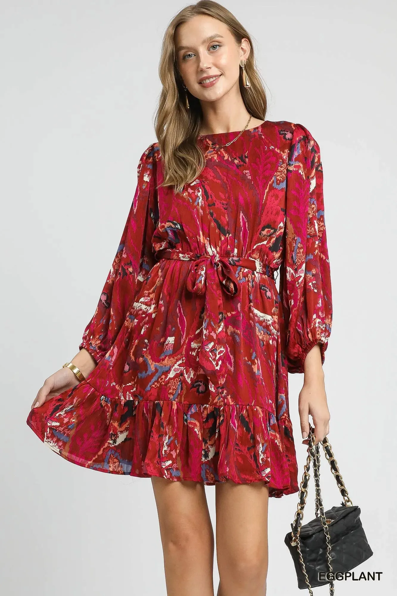 Umgee Ruffled Hem Printed Balloon Sleeve Dress sold by Charming Charlie