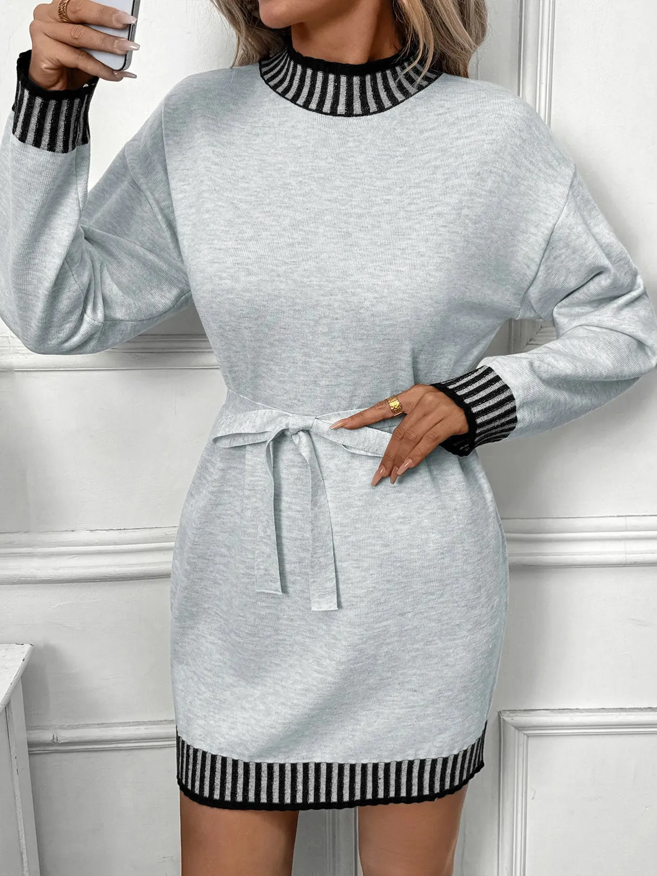 Striped Trim Tie Waist Sweater Dress sold by Charming Charlie