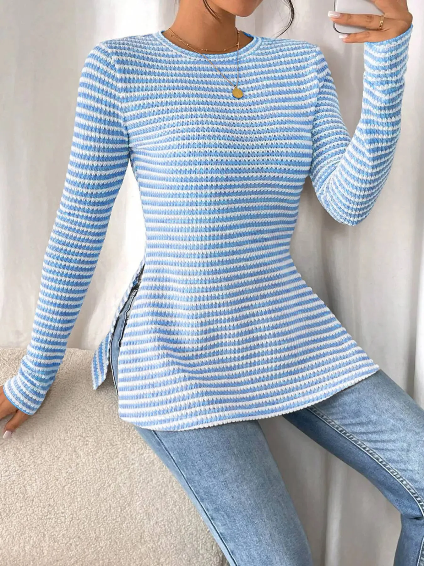 Side Slit Striped Long Sleeve T-Shirt sold by Charming Charlie product image thumbnail 4