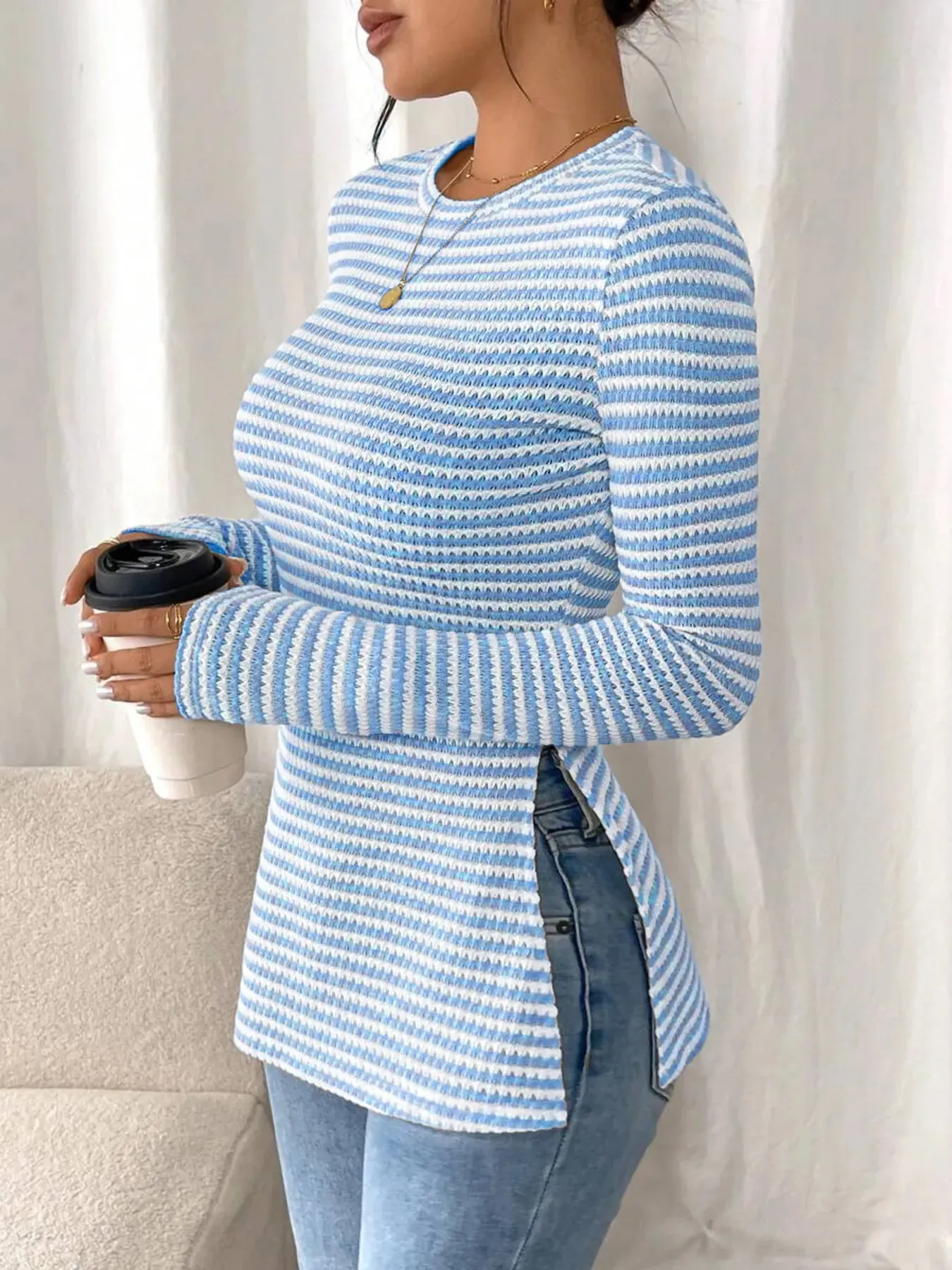 Side Slit Striped Long Sleeve T-Shirt sold by Charming Charlie product image thumbnail 2