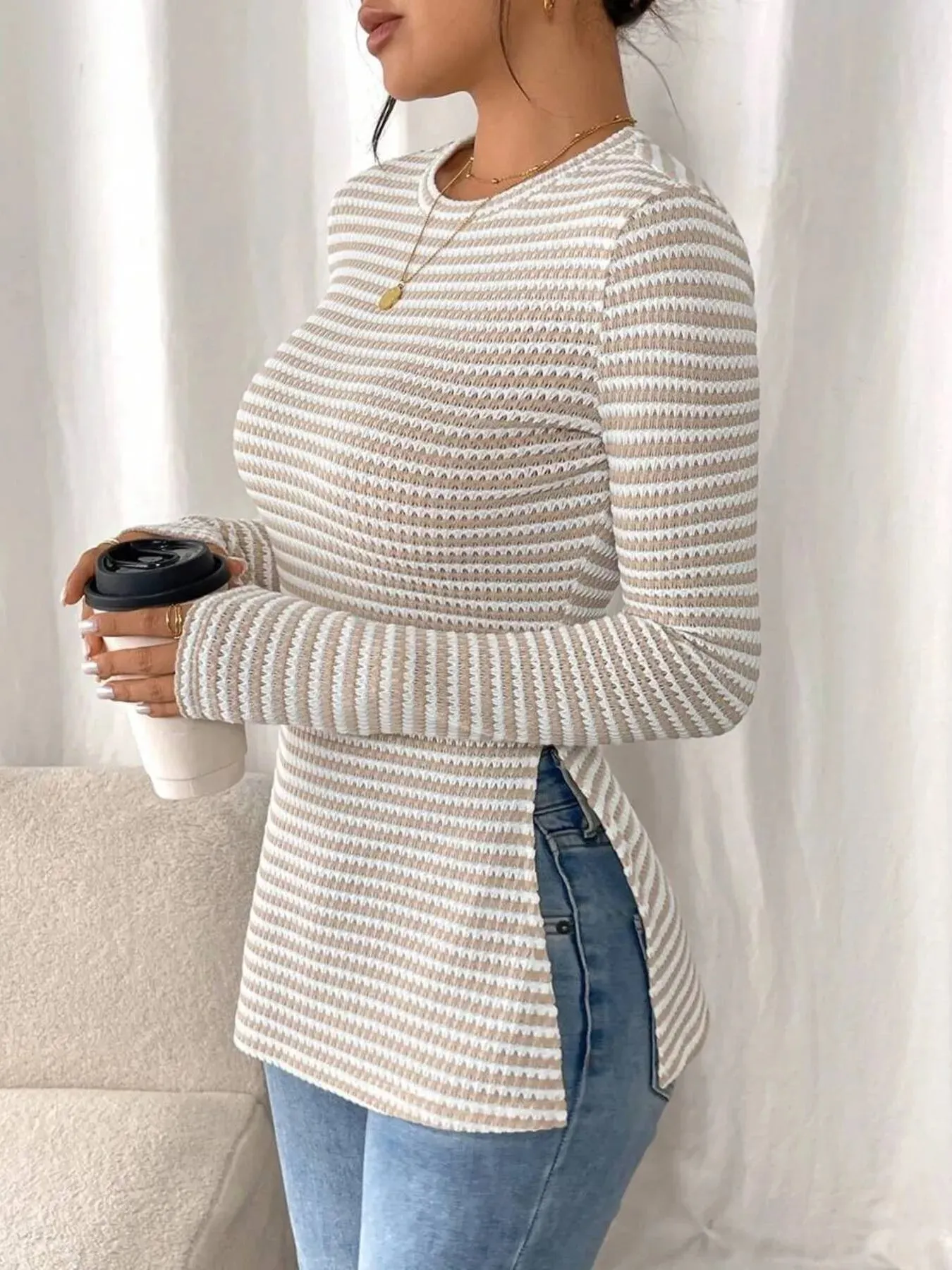 Side Slit Striped Long Sleeve T-Shirt sold by Charming Charlie product image thumbnail 5