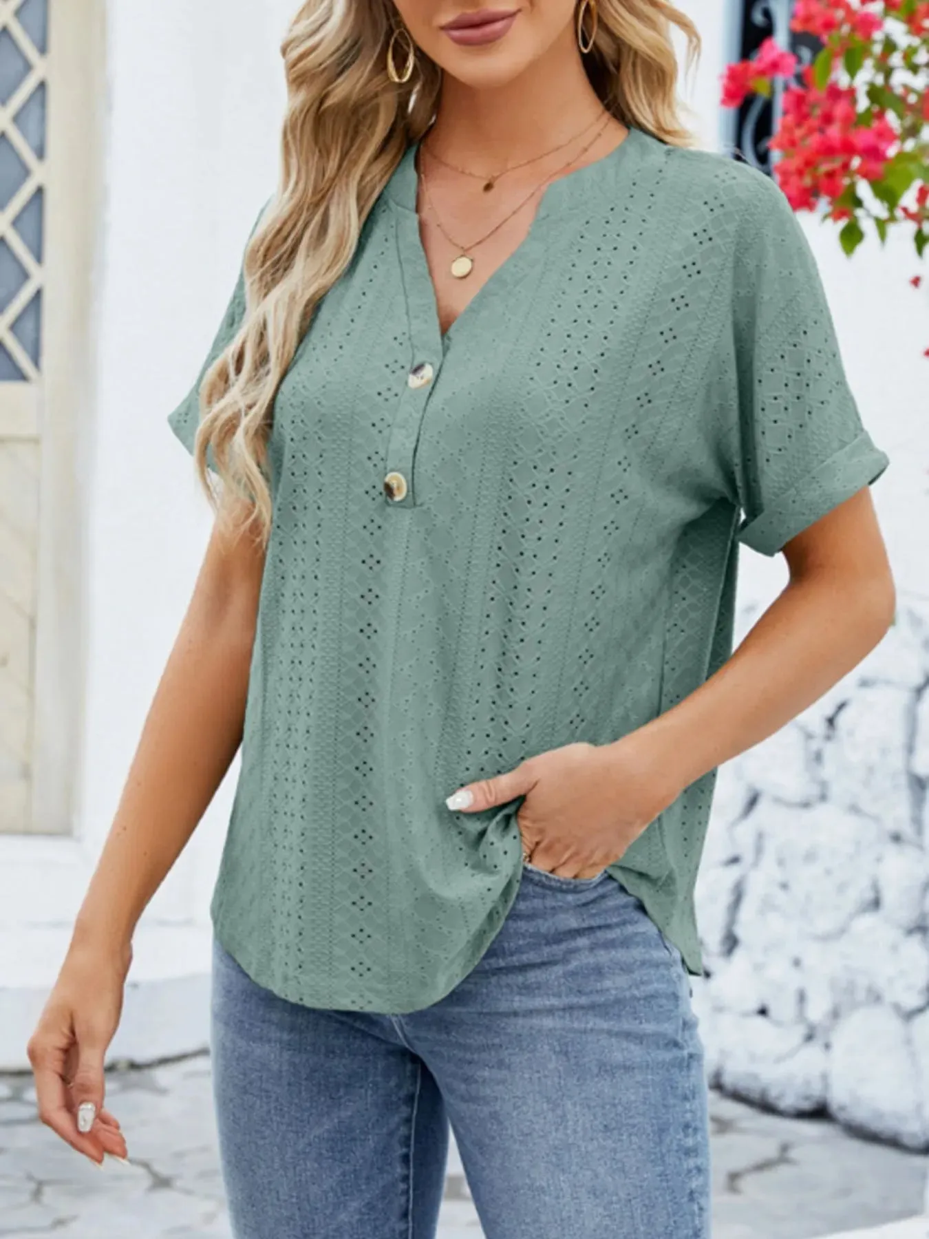 Eyelet Notched Short Sleeve Blouse sold by Charming Charlie product image thumbnail 2