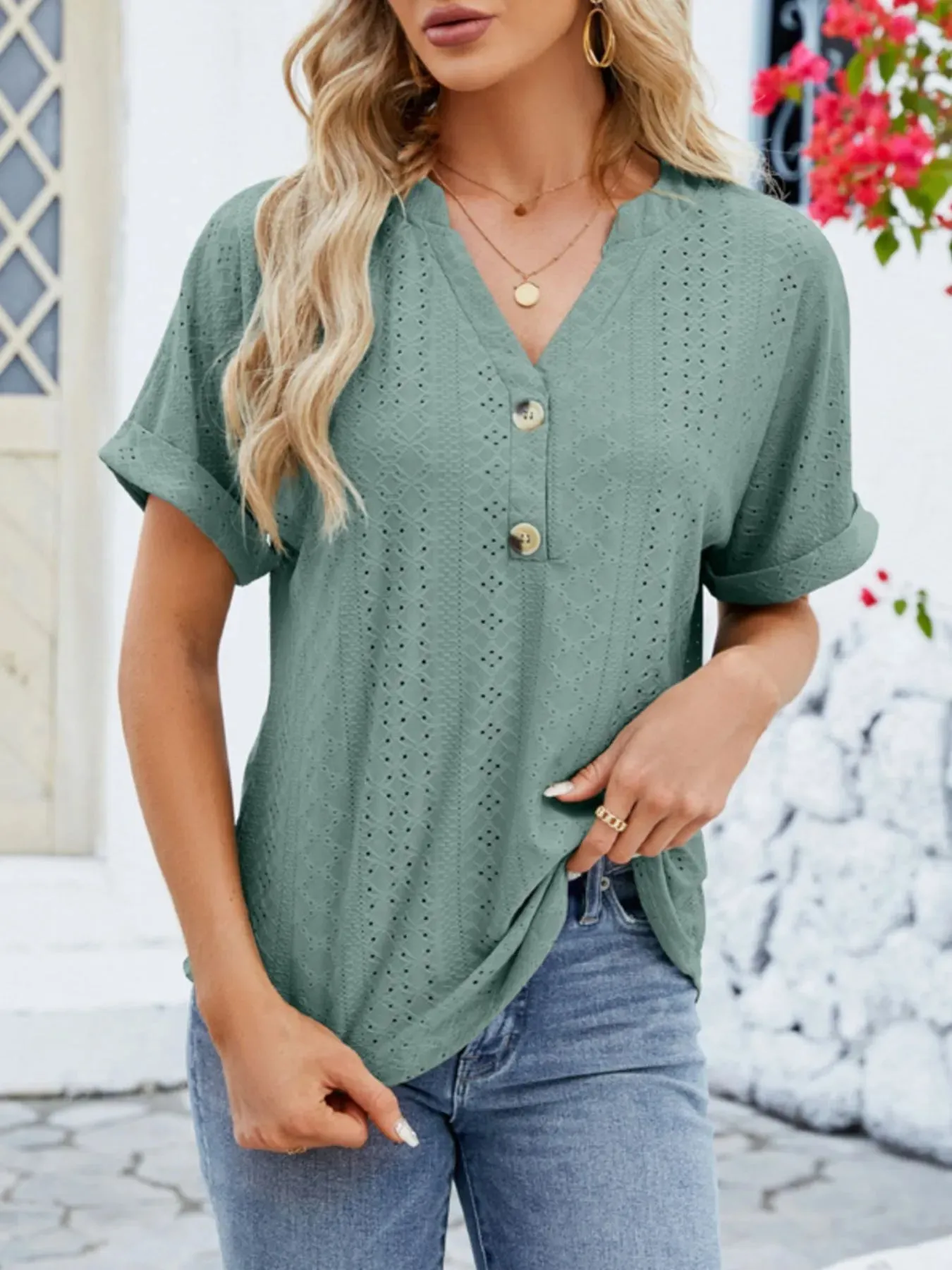 Eyelet Notched Short Sleeve Blouse sold by Charming Charlie