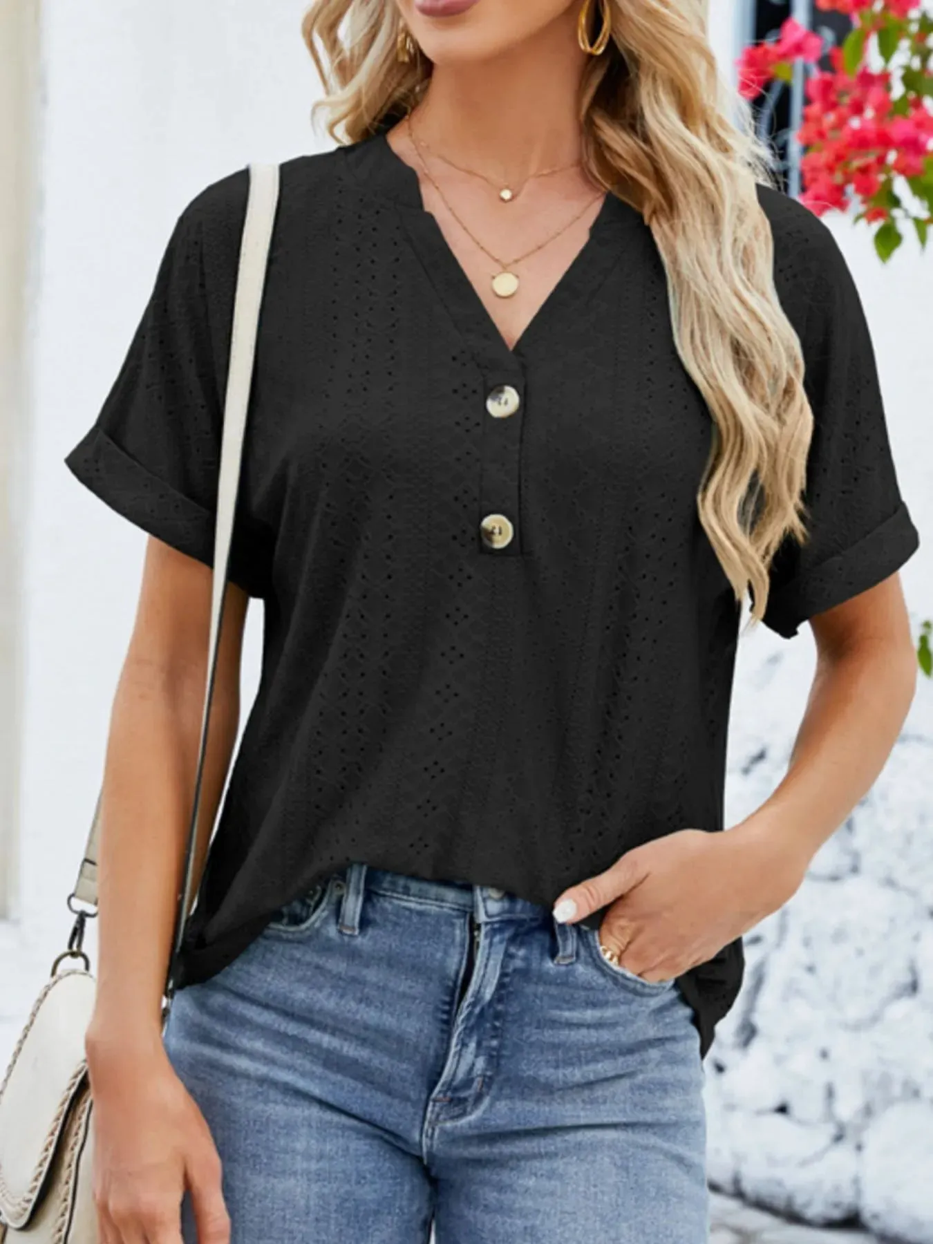 Eyelet Notched Short Sleeve Blouse sold by Charming Charlie product image thumbnail 5
