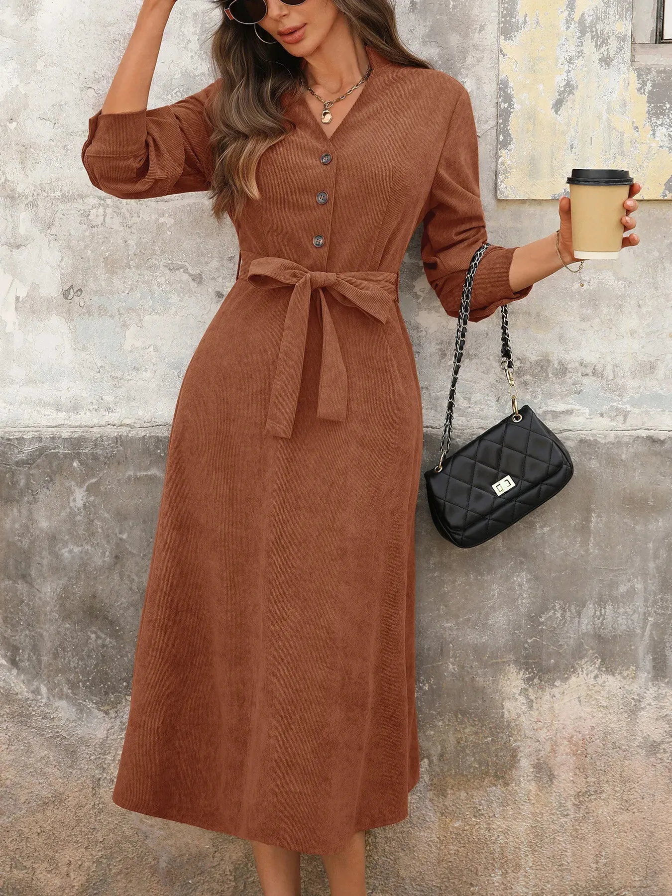 Long Sleeve Button Front Belted Midi Dress sold by Charming Charlie