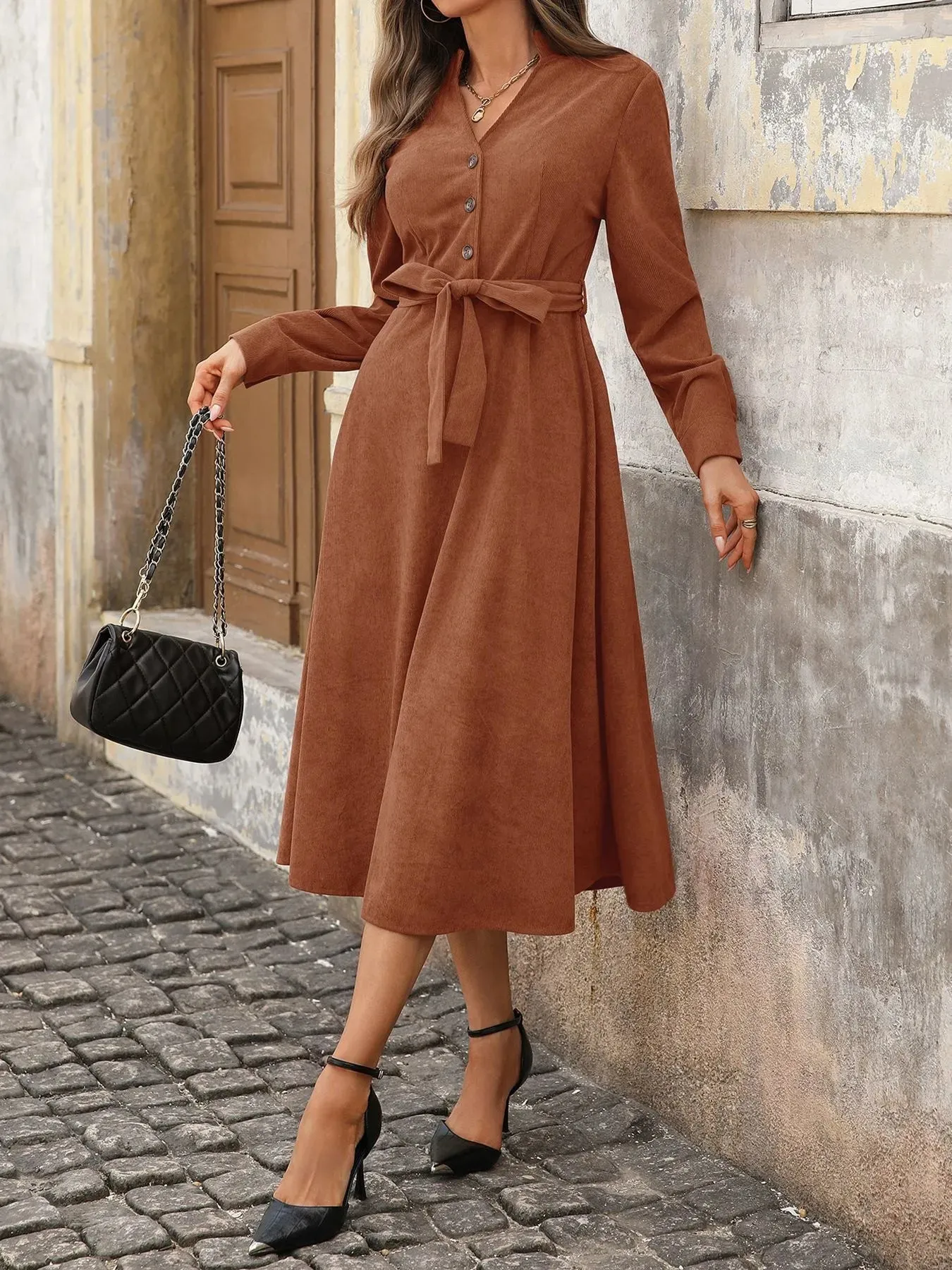 Long Sleeve Button Front Belted Midi Dress sold by Charming Charlie product image thumbnail 3