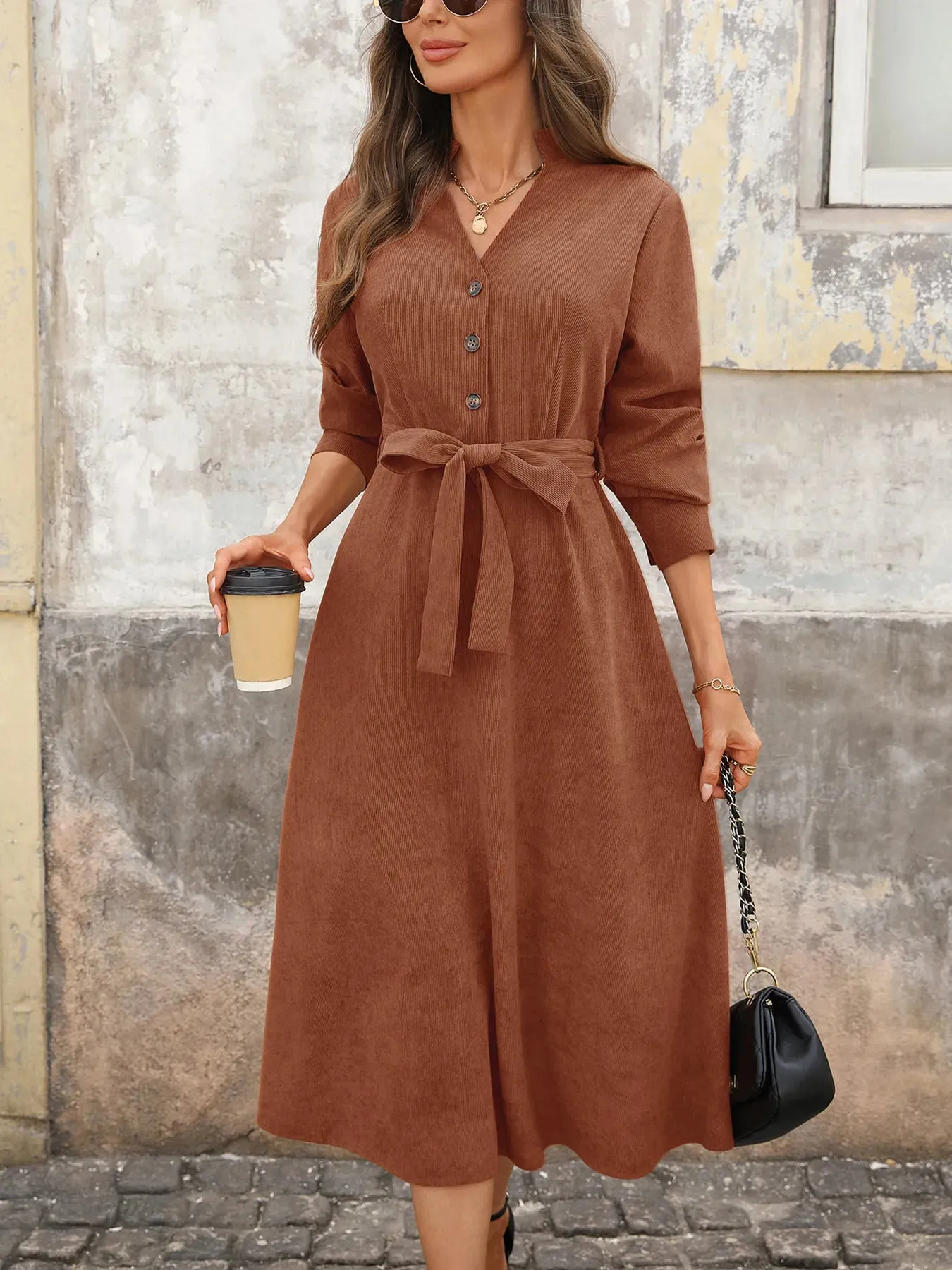 Long Sleeve Button Front Belted Midi Dress sold by Charming Charlie product image thumbnail 4