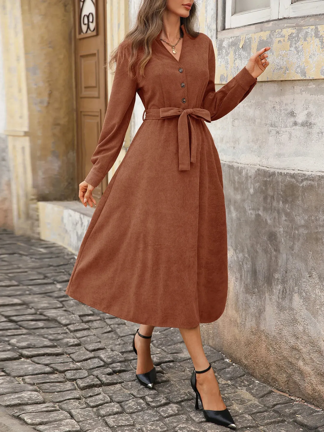 Long Sleeve Button Front Belted Midi Dress sold by Charming Charlie product image thumbnail 2