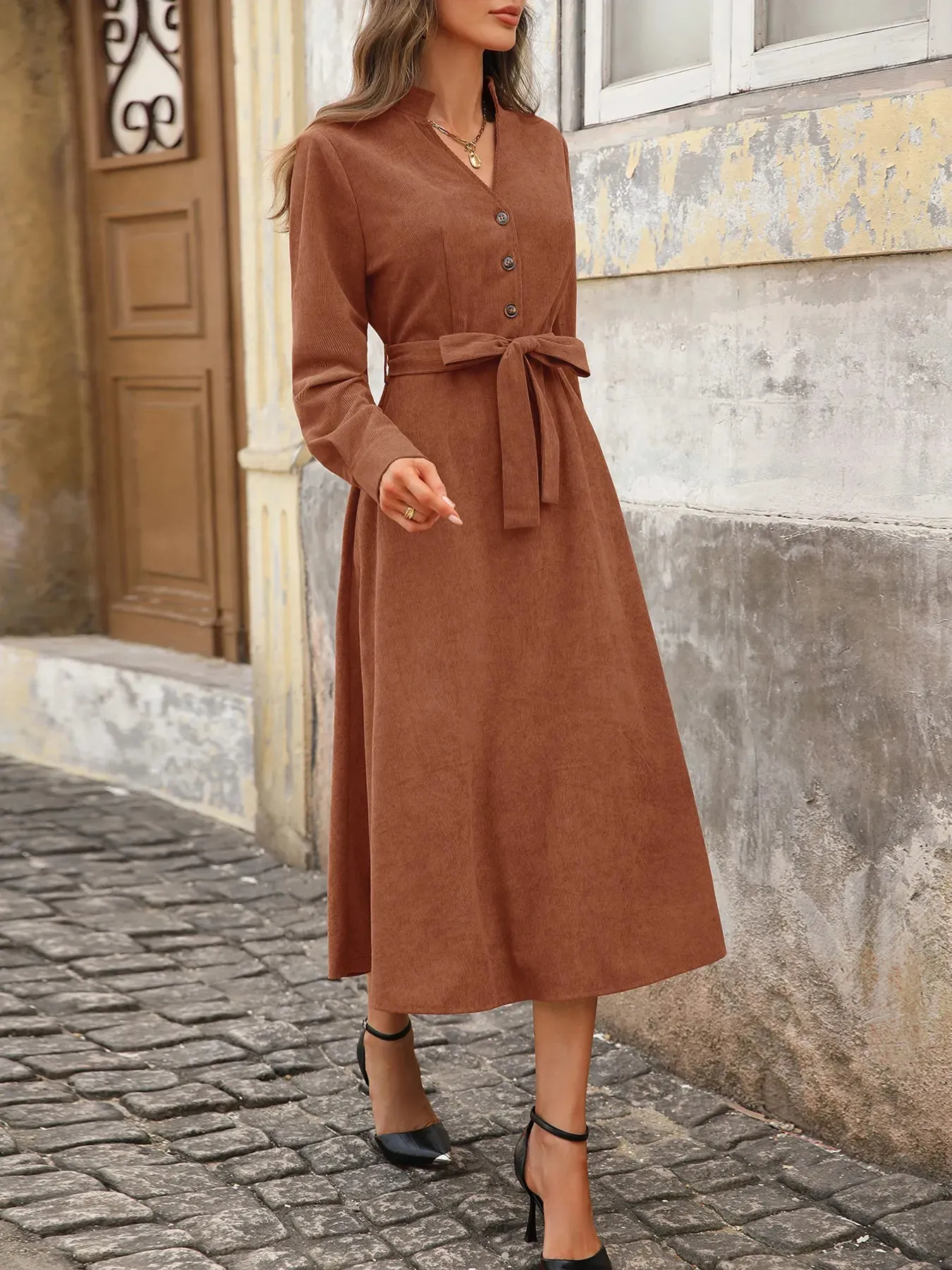 Long Sleeve Button Front Belted Midi Dress sold by Charming Charlie product image thumbnail 5