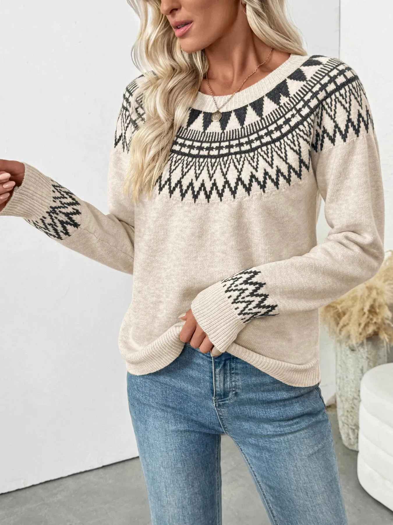 Nordic Fair Isle Pattern Round Neck Sweater sold by Charming Charlie product image thumbnail 5