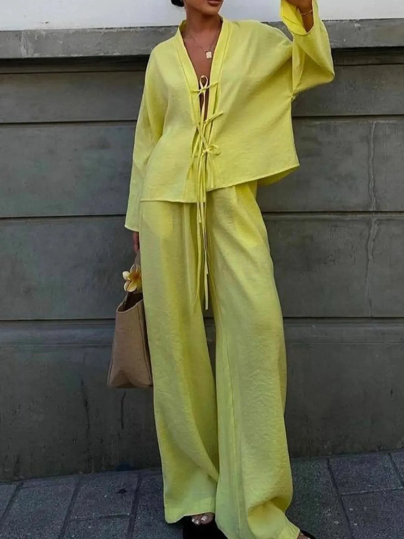 Tie Front Long Sleeve Top and Pants Set sold by Charming Charlie product image thumbnail 5