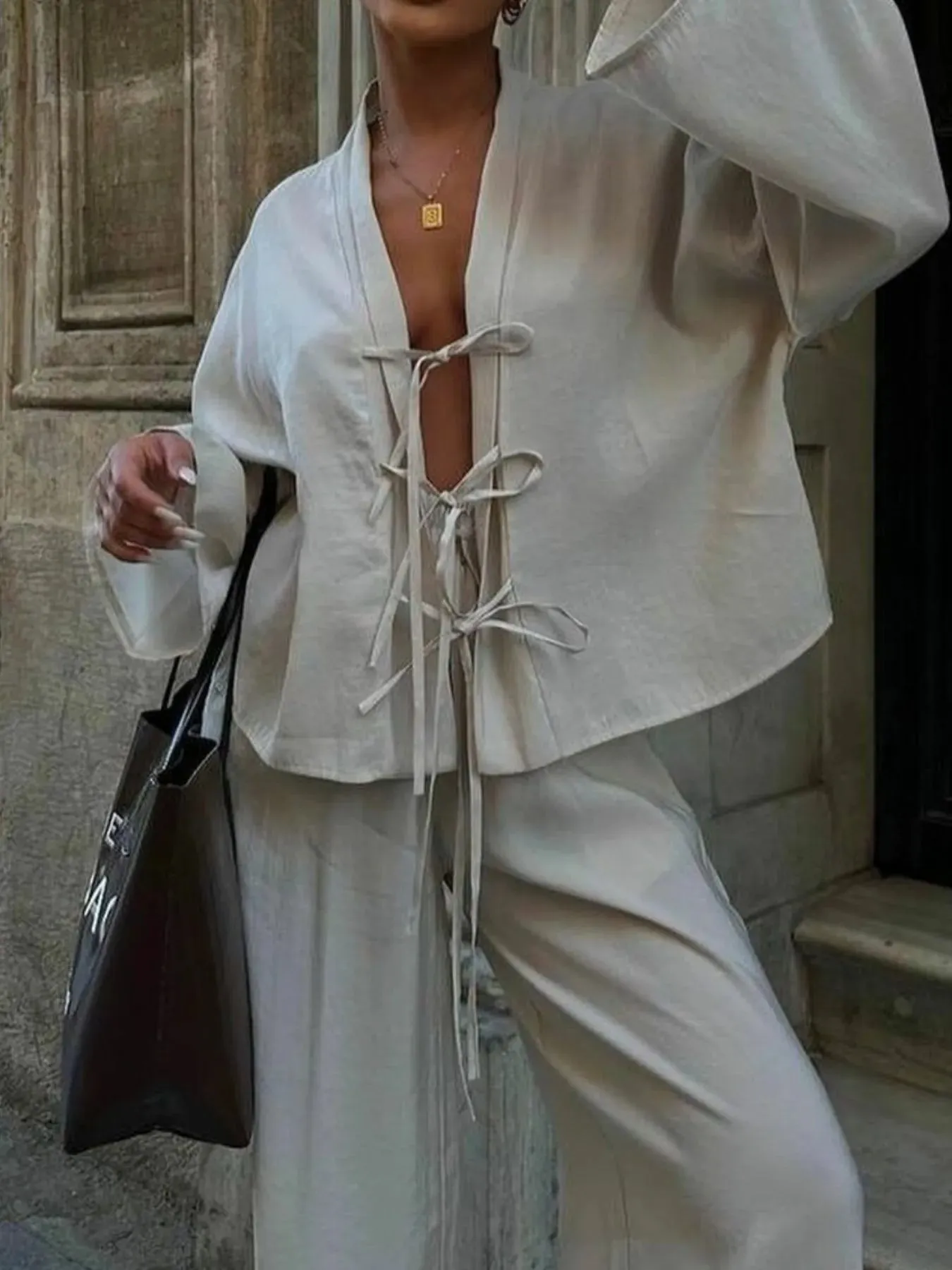 Tie Front Long Sleeve Top and Pants Set sold by Charming Charlie product image thumbnail 2